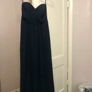 Floor length navy blue strapless dress